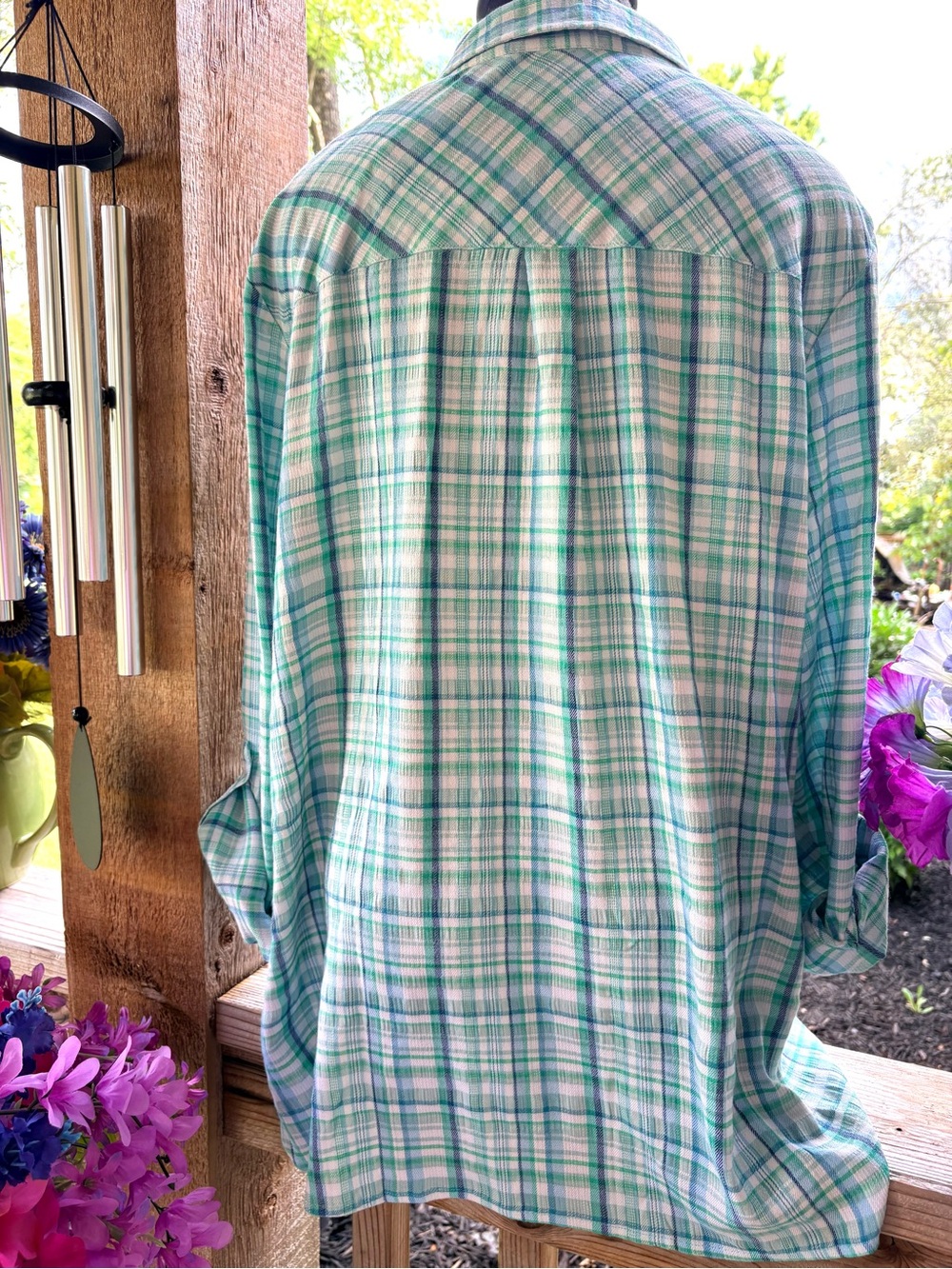 Joan Rivers Aqua Plaid Soft Puckered Roll Tab Sleeve Option Button Front Shirt - Picture 7 of 10